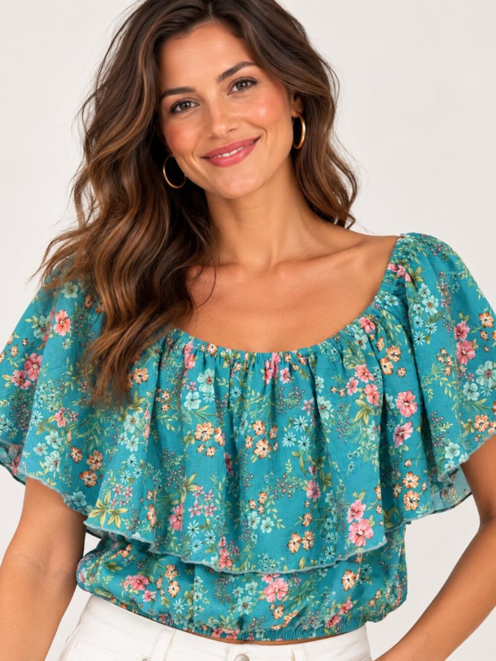 Teal Floral Off-Shoulder Ruffle Crop Top